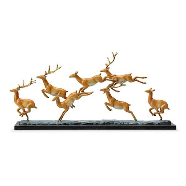 Large Leaping Deer Herd one Sculptural Statue Together Piece Artwork